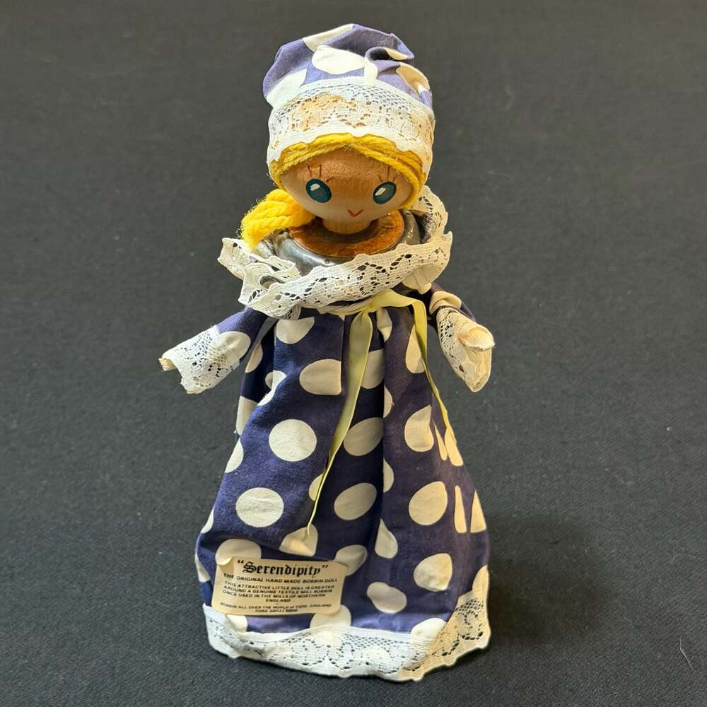 Vintage Wooden Spool Bobbin Girl Doll York, England “Serendipity” 9” Tall